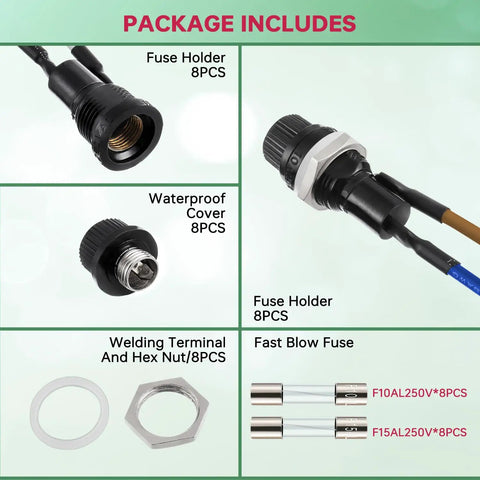 6X30MM Panel Mount Fuse Holder Kit With Screw Cap And Presoldered Wires 250VAC 10A 125VAC 15A showing 8 fuse holders and waterproof covers.