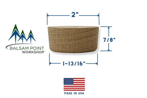 2 Inch American White Oak Wood Bourbon Barrel Bung Plug For Wine And Whiskey Barrels, side view with dimensions, made in USA