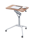 Smooth Glide Height Adjustable Mobile Laptop Desk And Sit Stand Workstation Table With Easy Roll Castors for home use with laptop and cup.