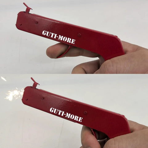 Pistol Style Flint Striker Set With 20 Flints for Welding Camping Stove Torch and Spark Lighter Use shown sparking in hand.