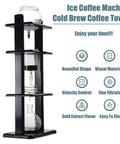 Premium Cold Brew Coffee Maker Featuring Slow Drip Glass Tower With Precision Valves For Ultra Smooth Low Acid Extraction Built Around A Slick Black Wood Base.