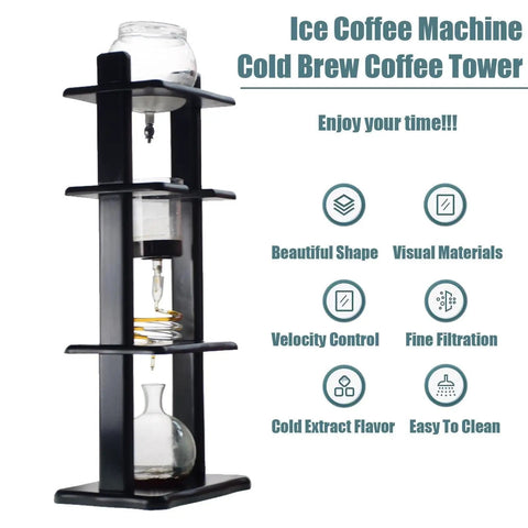 Premium Cold Brew Coffee Maker Featuring Slow Drip Glass Tower With Precision Valves For Ultra Smooth Low Acid Extraction Built Around A Slick Black Wood Base.