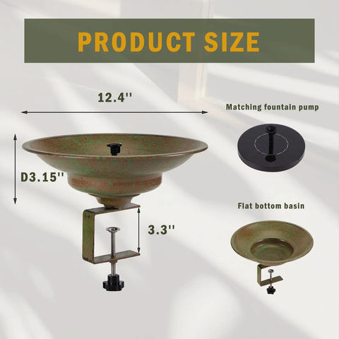 Solar Bird Bath Fountain For Deck Patio Balcony And Garden, Metal Bird Bath Bubbler dimensions shown with deck mount and accessories