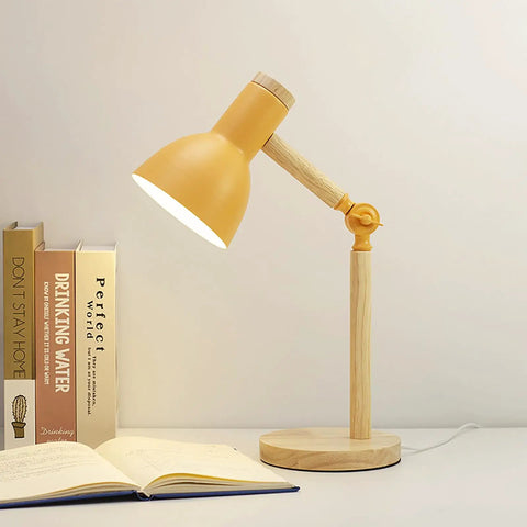 Wooden Arm LED Desk Lamp With 3 Color Temperature, Dimmable Brightness, Adjustable 18 Inch Height, yellow shade on desk