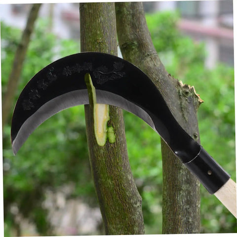 Manganese Steel Hand Scythe For Weeding And Cultivation With Comfortable Grip, cutting a tree branch outdoors, showing blade detail