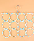 Double Sided Scarf Hanger Closet Organizer Foldable Paper Rattan 12 Ring Tie Holder With Rock Solid Steel Hook, with colorful twisted rings.
