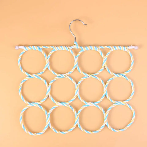 Double Sided Scarf Hanger Closet Organizer Foldable Paper Rattan 12 Ring Tie Holder With Rock Solid Steel Hook, with colorful twisted rings.