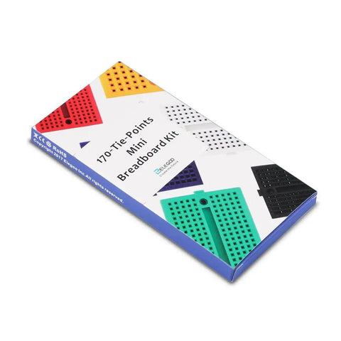 Packaging of Six Color 170 Tie Point Mini Breadboard Kit For Arduino Proto Shield Distribution with colorful breadboards shown