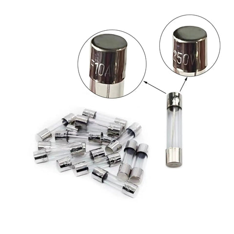 Close-up of 5x20mm glass fuses from Inline Screw Type 16 AWG Fuse Holder Kit With 10 Pieces And 100 Pieces For Automotive Projects.