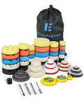 All-In-One Drill Polishing Pad Kit, 78-Piece Buffing Pads Set with 1/2/3 Inch Backing Plates and Threaded Rods displayed with carry bag