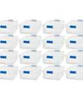 Super Sturdy Clear Under Bed Storage Bins With No Sweat Snap Lids 15.5 Quart Heavy Duty Plastic Organizers 16 Pack stacked with blue handles.