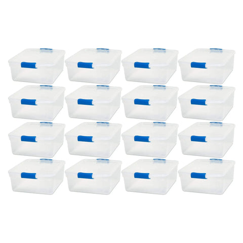Super Sturdy Clear Under Bed Storage Bins With No Sweat Snap Lids 15.5 Quart Heavy Duty Plastic Organizers 16 Pack stacked with blue handles.