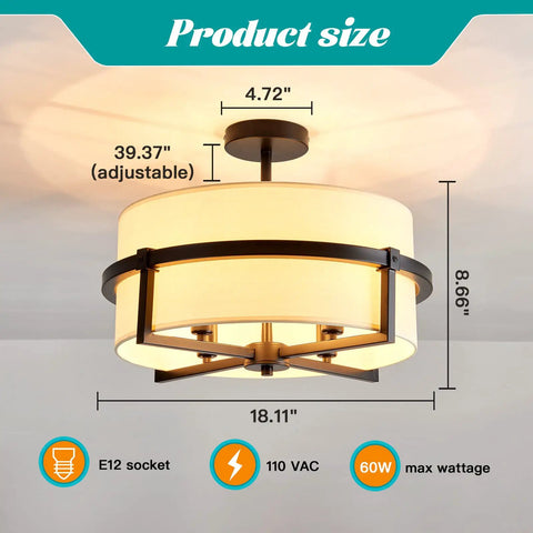 Four Light Modern Drum Chandelier With Fabric Shade, Semi Flush Mount Ceiling Light In Matte Black Iron, size dimensions listed.