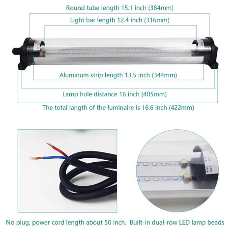 Image of Explosion Proof Work Light 12W 120V IP66 Waterproof and Dustproof for Industrial Workshop and Garage Use Double Row LED 1200Lm Built To Last Oil Resistant No Flicker Heat Safe CNC Machine Lamp with dimensions and close-up details.