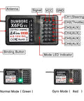 X6FG Built-In Gyro 6-Channel 2.4GHz RC Receiver with mode LED indicators and labeled connections for Dumborc X6 X4 X6PM-350 Transmitter.