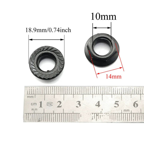 4 Pack 14mm Crank Arm Nuts M10 Bicycle Bottom Bracket Cotterless Threaded Nuts with ruler for size comparison.