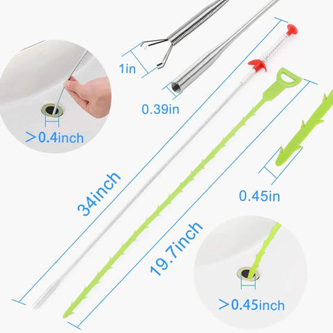 Snake Drain Hair Clog Remover Tool Set With 34 Inch Stainless Steel Grabber Claw And 19.7 Inch Plastic Unclogger, 3 Pack Plus 1 Kit For Kitchen Sink, Tub And Toilet Drain Cleaning, Heavy Duty, Easy Hair Removal