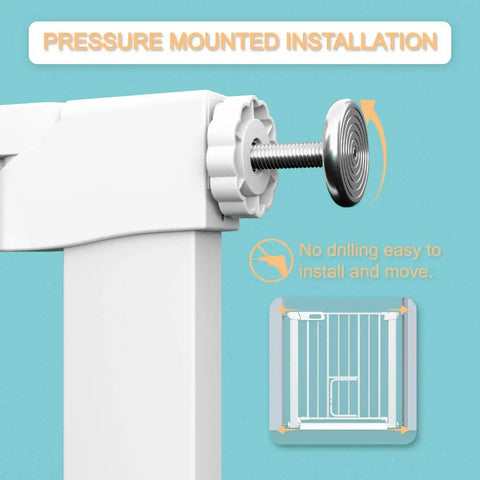 Close-up of pressure-mounted installation feature of Extra Wide Baby Gate With Cat Door Walk Through Safety Gate For Stairs And Kitchen Keeps Toddlers Safe While Letting Pets Roam Free Pressure Mounted No Drill Gate Expands From 40.55 To 43.31 Inches