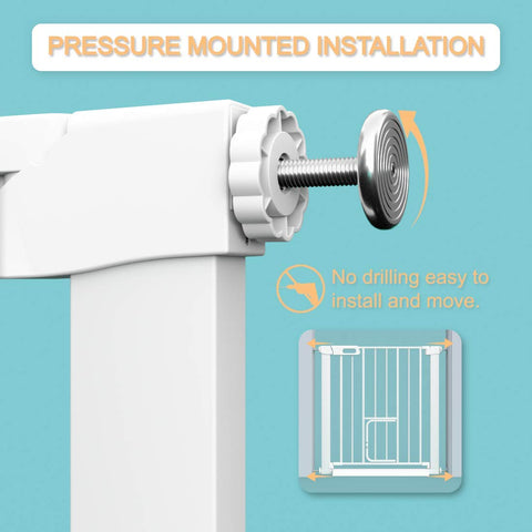 Pressure mounted feature of Extra Wide Baby Gate With Cat Door Walk Through Small Pet Door Safety Gate For Stair And Kitchen.