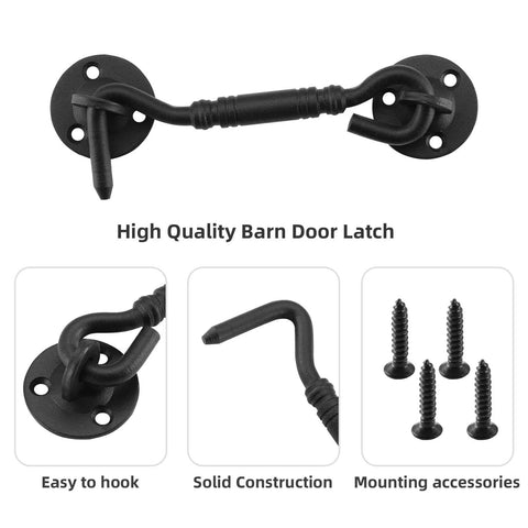 Rust-Proof Barn Door Hook And Eye Latch 4 Inch Privacy Lock Hardware, solid iron, black, with screws, shown disassembled.