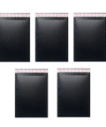 Five Pack Black Waterproof Bubble Mailers With Tear And Shake Resistant Envelope Bags For Shipping Jewelry Glass Art Photos And More Durable Protective Packaging For Mailing Supplies, visible from front.