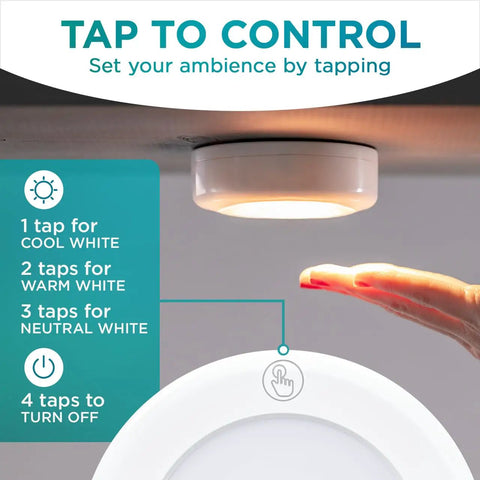 Ultra Thin Wireless LED Touch Lights Pack Of 2 For Under Cabinets Closets And Countertops Battery Operated Puck Lights You Stick On Push Lights For Quick Tool Free Setup Modern Home Decor Accent displaying touch control features