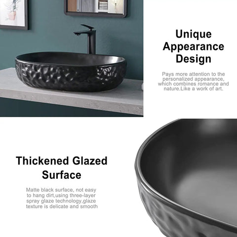 Matte Black Oval Vessel Sink 23.5 By 15.7 Inches, Ceramic Countertop Bathroom Basin With Pop Up Drain, Modern Sleek Design For Vanity