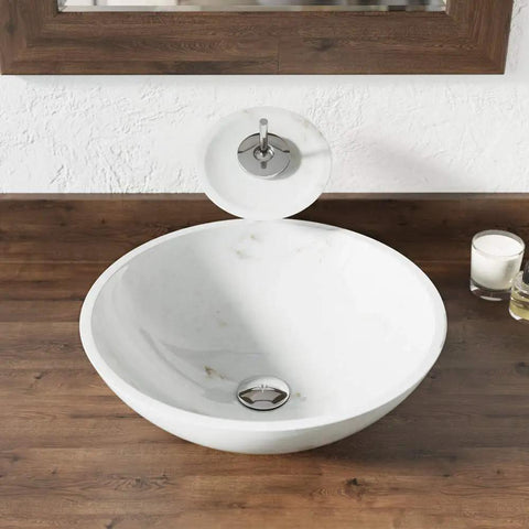 White Granite Vessel Sink 850W Dope Contemporary Round Basin Hand Polished Stone That Shines In Any Modern Bath Durable