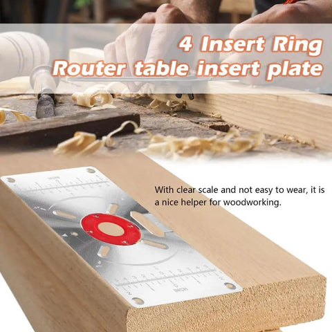 Built Tough Aluminum Router Base Plate With Four Fast Swap Inserts And Precision Bushing for woodworking on a wooden surface.