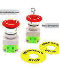 Front view: RuoFeng 22mm emergency stop push button switch with red mushroom cap, 2 pcs, yellow STOP rings