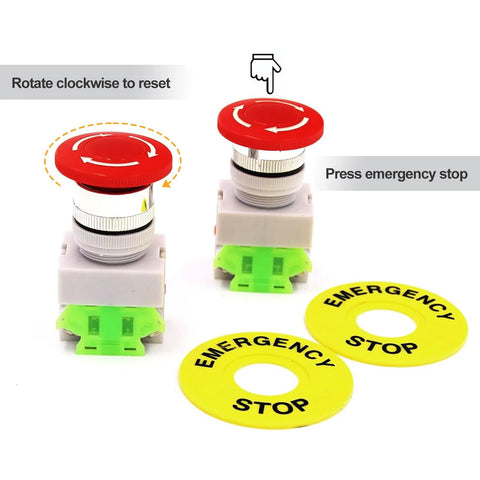 Front view: RuoFeng 22mm emergency stop push button switch with red mushroom cap, 2 pcs, yellow STOP rings