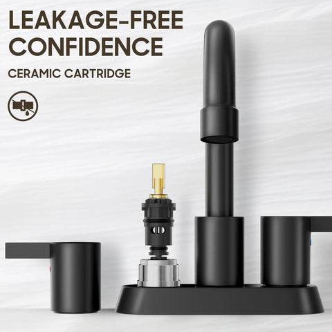 Matte Black 4 Inch Centerset Two Handle Bathroom Faucet With 360 Degree Swivel Spout For Two Or Three Hole Vanities
