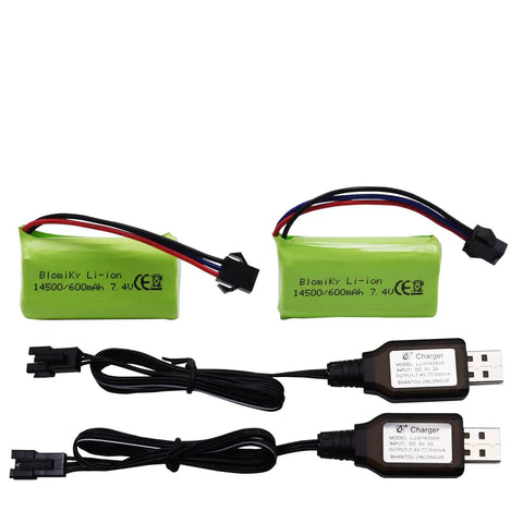 Two 7.4V 2S 600mAh RC Battery With SM-3P Plug And Cable, 4.44Wh, 10C Discharge, Lightweight LiPo Pack For Amphibious RC Trucks with USB cables