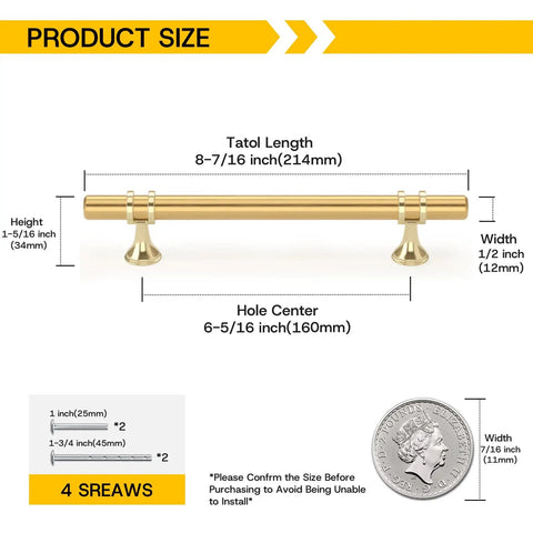 Gold Cabinet Pulls Set Of 30 Six And A Quarter Inch Heavy Duty Drawer Handles For Cabinets And Closets Rust Resistant Zinc Alloy Hardware Pro Grade Finish dimensions illustration