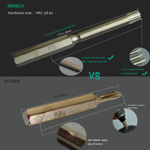 Comparison of CNC precision S2 steel magnetic bits for Compact Precision Screwdriver Set For Electronics 22 In 1 Mini Kit with lower quality bit