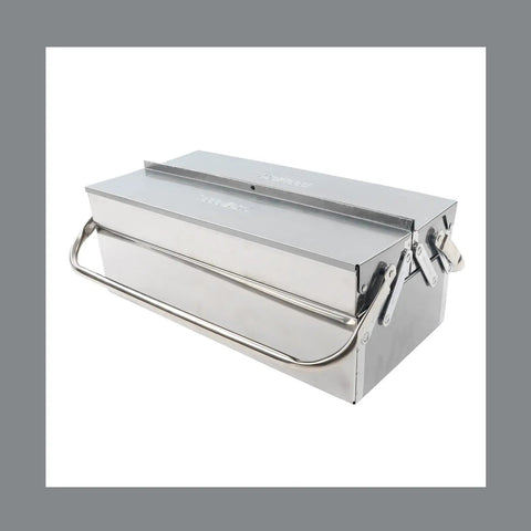 Heavy Duty Folding Stainless Steel Toolbox With Slick Pull Out Drawers And Hardened Steel Carry Handle Dang Tough Compact Gear Case No Bull space-saving design.