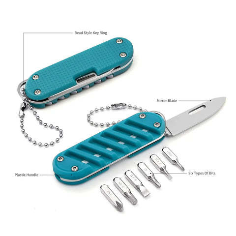 7-In-1 EDC Pocket Knife Multitool for Keychain Quick Fixes, Outdoor Gear, and Daily Tasks, Blue with Mirror Blade and Screwdriver Bits