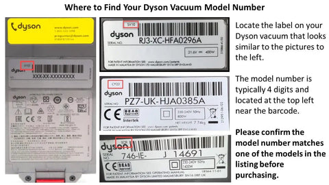 Dyson vacuum model number labels guide for finding model numbers before purchasing replacement parts.