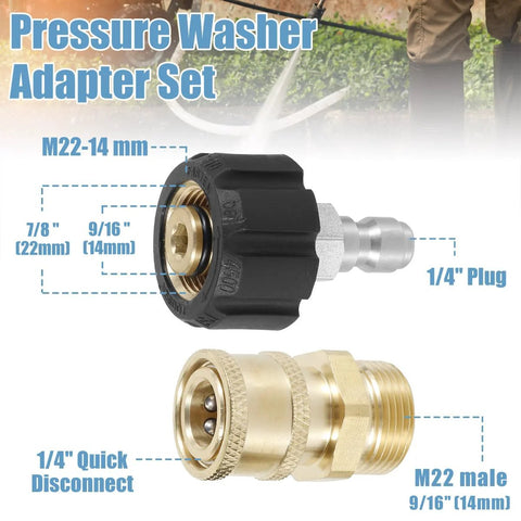 Front view of JUNXILPPD 2-piece pressure washer hose adapter set: black M22 to 1/4" quick-connect with brass fittings