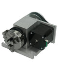 Heavy Duty CNC 4th Axis Rotary Table With Sick Precision 50MM 3 Jaw Chuck And Smooth Two Phase Stepper Motor angle view with motor and chuck details
