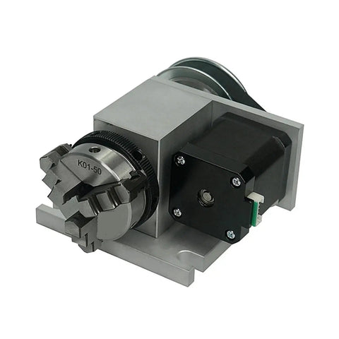 Heavy Duty CNC 4th Axis Rotary Table With Sick Precision 50MM 3 Jaw Chuck And Smooth Two Phase Stepper Motor angle view with motor and chuck details