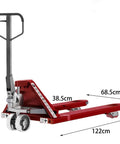 Heavy Duty Manual Hydraulic Pallet Truck With Push Rod Height Control And Adjustable Fork Height And Dual Wheel Linkage For Easy Pallet Lifting And Loading Dock Moves For Heavy Loads On Busy Loading Docks And Warehouses, red steel, 122cm