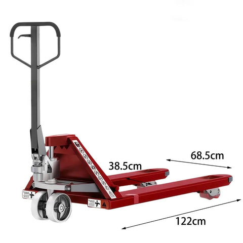 Heavy Duty Manual Hydraulic Pallet Truck With Push Rod Height Control And Adjustable Fork Height And Dual Wheel Linkage For Easy Pallet Lifting And Loading Dock Moves For Heavy Loads On Busy Loading Docks And Warehouses, red steel, 122cm