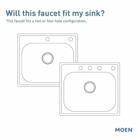 Diagram of 2- or 4-hole sink configurations for Wetherly High Arc Kitchen Faucet With Side Spray In Spot Resist Stainless, One Handle Lever