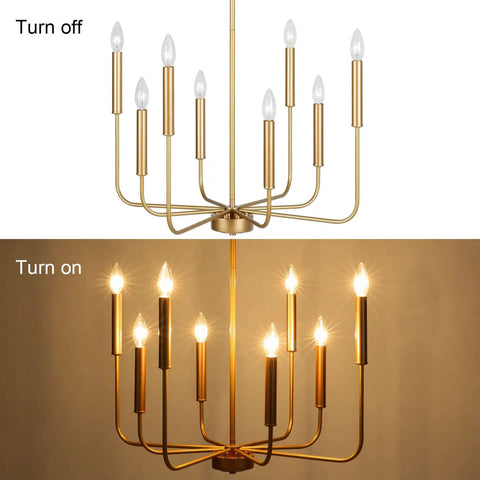 8 Light Modern Chandelier In Gold Finish Farmhouse Candle Style Hanging Light Fixture turned on and off showing lighting effect.