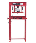Front view of 20 Ton Air Hydraulic Shop Press With Fully Welded Frame No Pump Required Auto Air Motor Includes 3 Piece Punch Kit Bed Plates And Bearing Shield