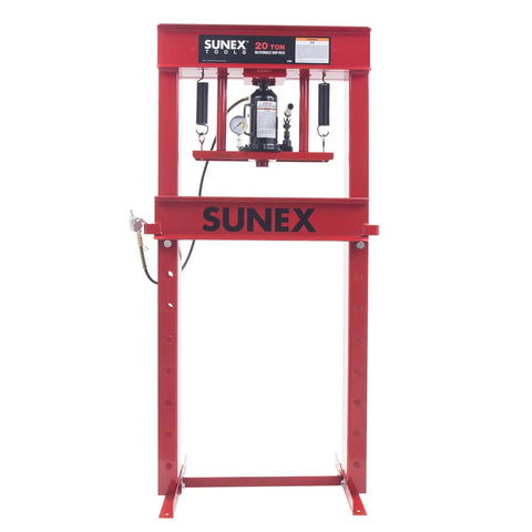 Front view of 20 Ton Air Hydraulic Shop Press With Fully Welded Frame No Pump Required Auto Air Motor Includes 3 Piece Punch Kit Bed Plates And Bearing Shield