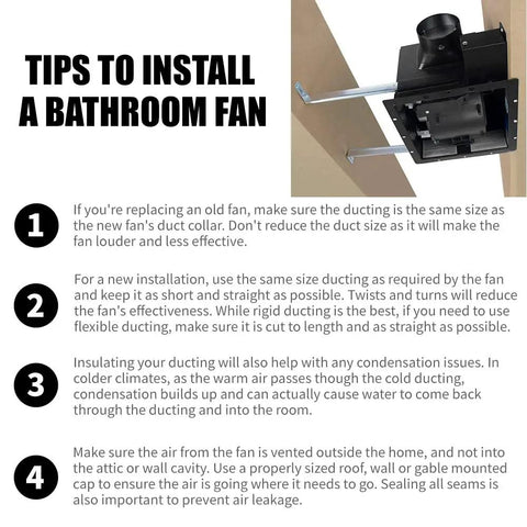 Tips for installing Ultra Quiet Bathroom Exhaust Fan 90 CFM For 80 To 90 Sq Ft Rooms with ceiling mount visible.