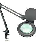 ESD Safe Glass Lens Magnifying Lamp With Clamp, 8 Diopter Approx 3X Magnification, matte black, swivel arm, closed lens cover