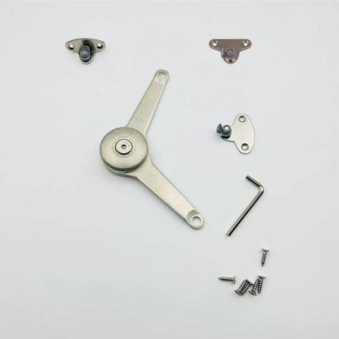 Soft Close Cabinet Lid Stay Hinge For Kitchen Wardrobe Cupboard Door Open Upward Or Downward With Adjustable Tension Lightweight Version No Fuss Install Durable Friction Lock For Smooth Silent Closing, showing components laid out on a white background, including hinge, brackets, and screws.